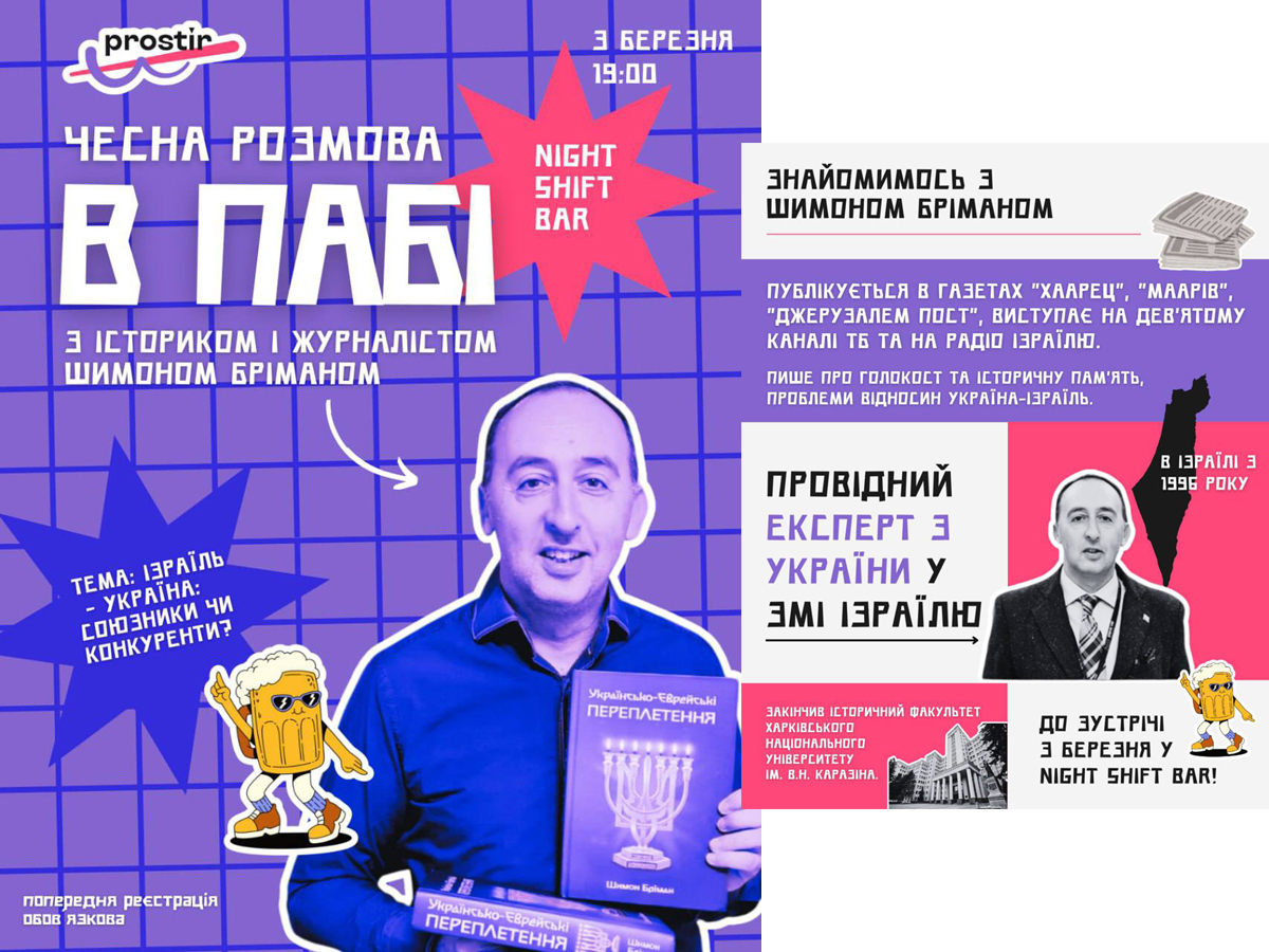 «Израиль – Украина: союзники или конкуренты?» – встреча с историком Шимоном Бриманом в Тель-Авиве 3 марта 2025, организованная молодежным сообществом Prostir